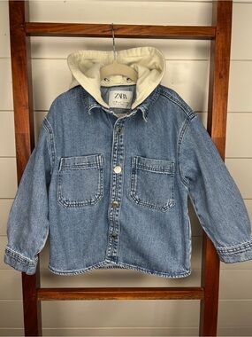 ZARA Boys: Blue Denim Jacket/Shirt with Removable Cream Hood